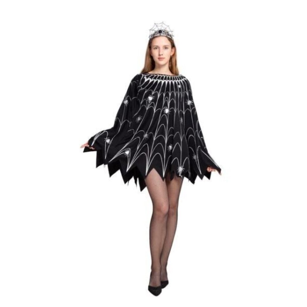 Spooktacular Creations Women Spider Web Dress Poncho Costume & Crown Black NEW